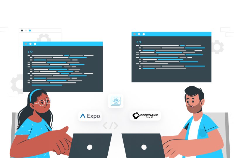 Illustration displays two developers using tools such as Expo, and Codename One